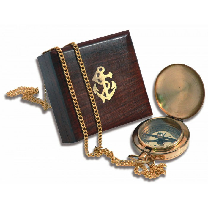 Pocket Compass & Chain in Wooden Box